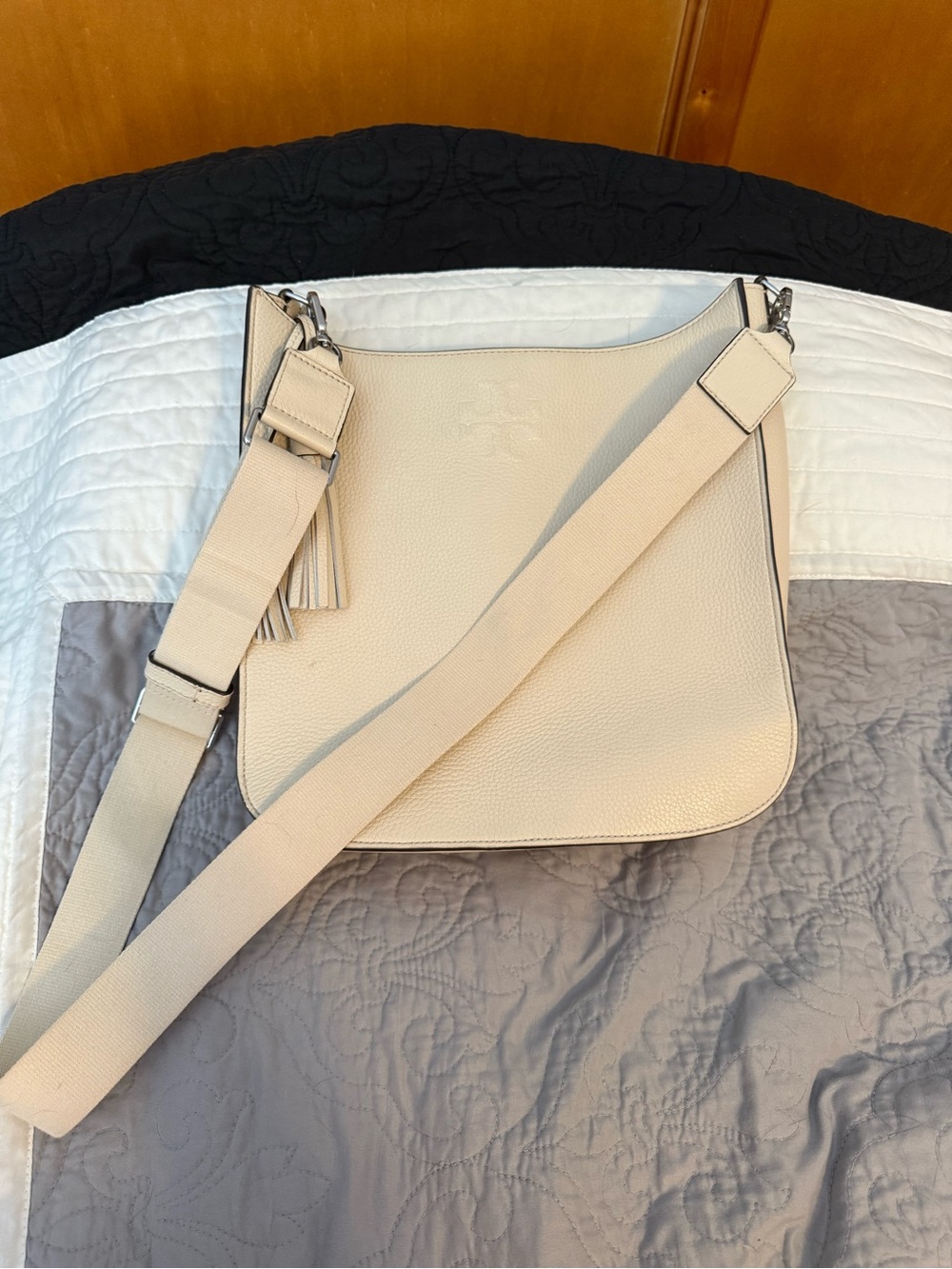 Tory Burch Pebbled Cream Leather Crossbody with Tassel